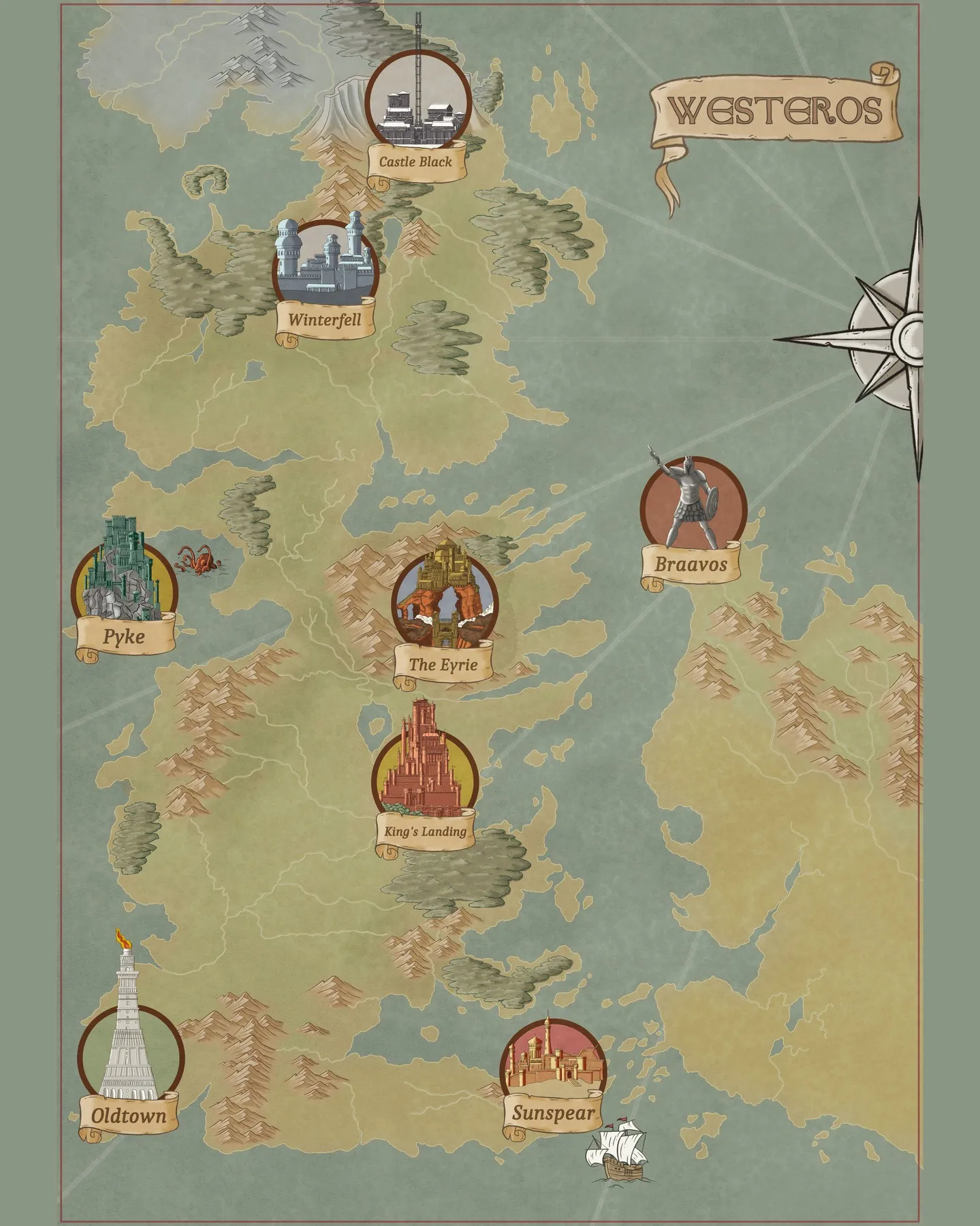 Westeros: The Game of Thrones continent, from the Wall to Dorne, with the sigils of the great houses.