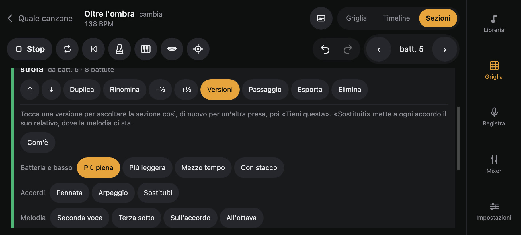 Le sezioni: le versioni della strofa da ascoltare, per batteria e basso, accordi e melodia.